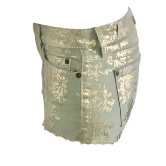 ⭐️7 for All Mankind⭐️Pastel Green Gold Metallic Print Denim Jeans Shorts Sz 24 - Picture 2 of 16